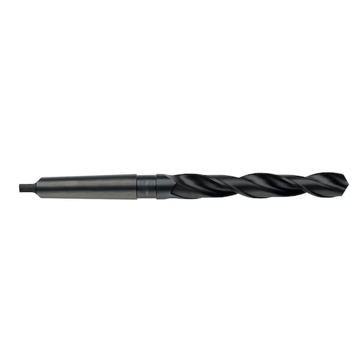 Photo of IRWIN 10502418 black metal twist drill bit with taper shank, side view on white background.