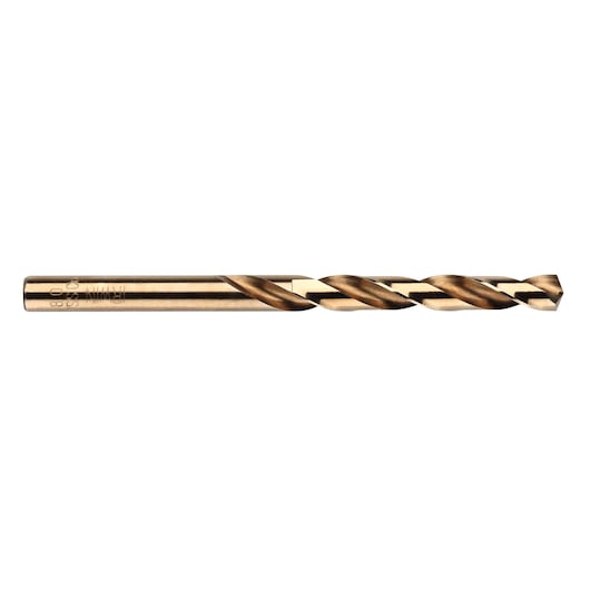 Photo of IRWIN 10502507 cobalt drill bit, gold color, side view on white background.