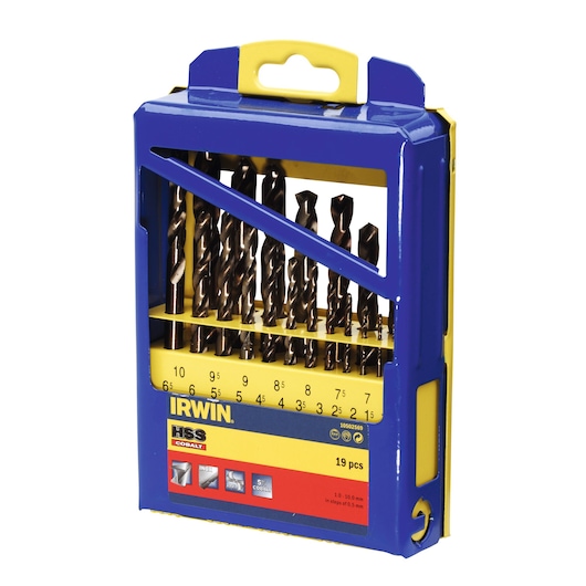 IRWIN 10502569 cobalt HSS drill bit set, 19 pieces, in blue and yellow case, front angle photo.