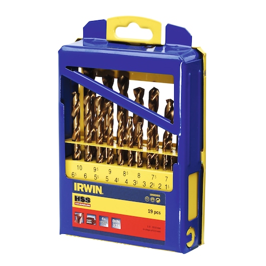 IRWIN 10502603 titanium drill bit set, 19 pieces, blue and yellow plastic case, front angled view.