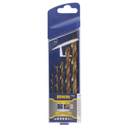 IRWIN 10502604 drill bit set in blue and transparent packaging, front angle, includes five titanium bits