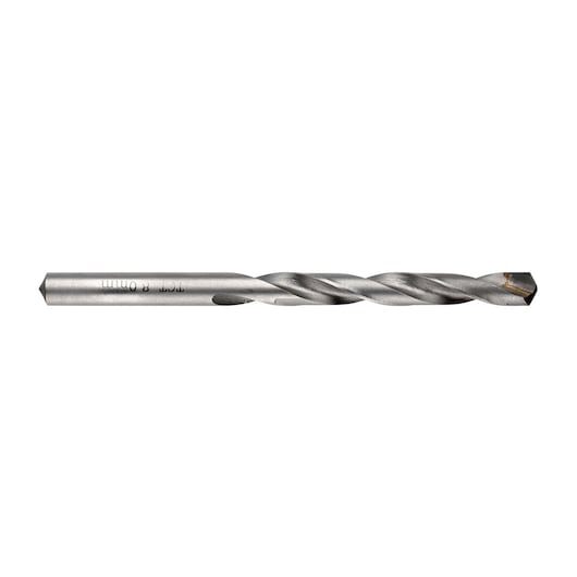 IRWIN 10502618 silver masonry drill bit side view, spiral flutes with pointed tungsten carbide tip on white background.