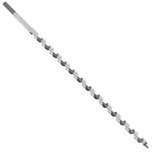 IRWIN 10502749 auger drill bit with helical flute, silver and black, side angle on white background.