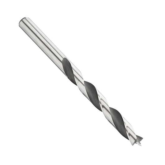 IRWIN 10502797 wood drill bit with silver and black spiral design, side angle on white background.