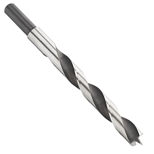 Photo of IRWIN 10502798 wood drill bit, silver and black, angled on white background.