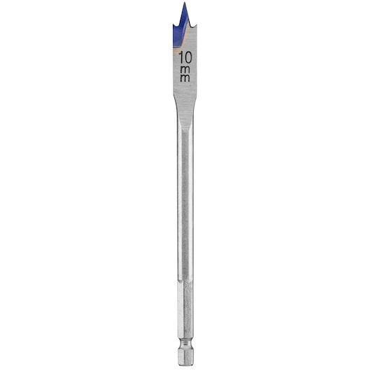 IRWIN 10502805 flat wood drill bit with blue tip, 10mm size, front angle, white background.