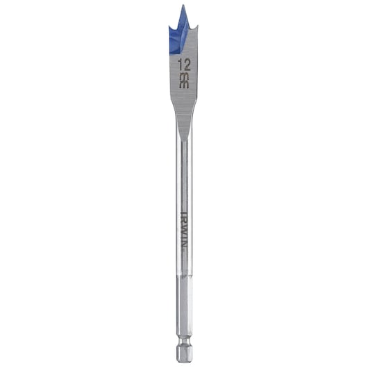 Photo of IRWIN flat wood drill bit 10502806, silver shaft with blue tip, shown vertically on white background.