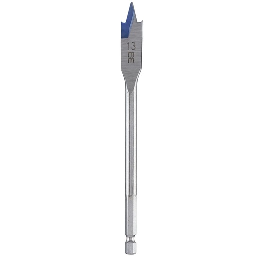 IRWIN 10502807 flat wood drill bit, 13mm size, silver with blue tip, front angle on white background.