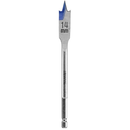 Photo of IRWIN 10502808 14mm flat drill bit with hex shank, blue tip, frontal angle, white background.