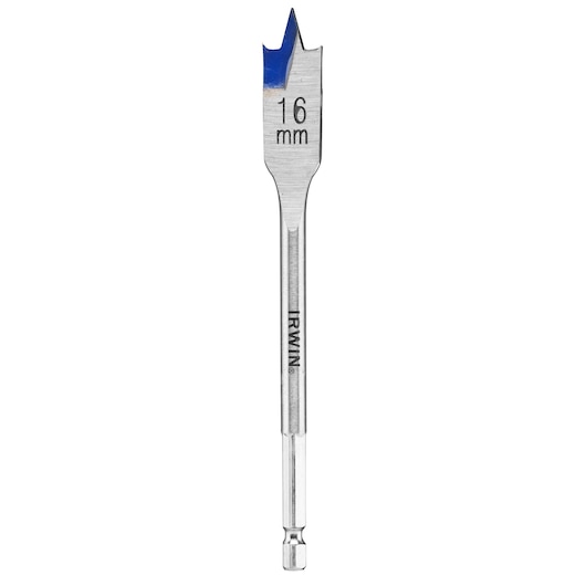 IRWIN 10502809 flat wood drill bit, 16 mm, silver with blue tip, front view on white background.