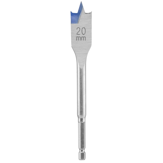 IRWIN flat wood drill bit 20 mm with blue tip, SKU 10502813, photographed on white background, front angle.