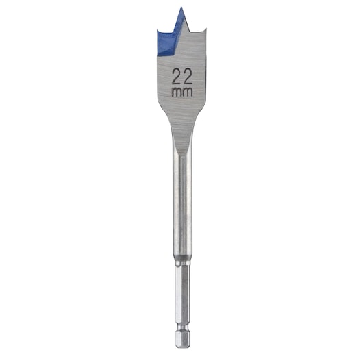 Photo of IRWIN 10502814 flat wood drill bit, 22 mm, with blue tip, front angle on white background.