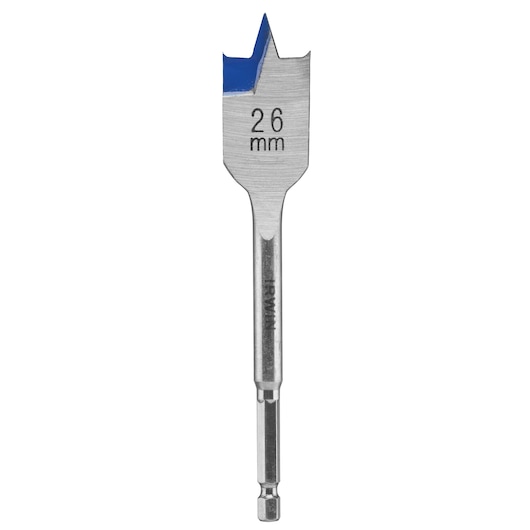 IRWIN 10502817 flat wood drill bit, 26 mm size, hex shank, silver with blue tip, front angle on white background.