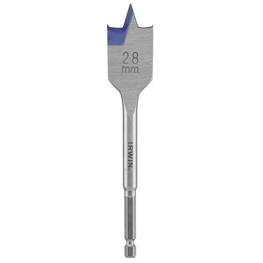 Photo of IRWIN 28 mm flat wood drill bit with blue tip and hex shank, SKU 10502818, front angle, white background.
