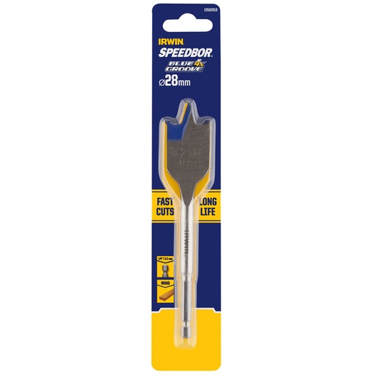 IRWIN 10502818 Speedbor Blue Groove 28mm flat wood drill bit in retail packaging, front angle.