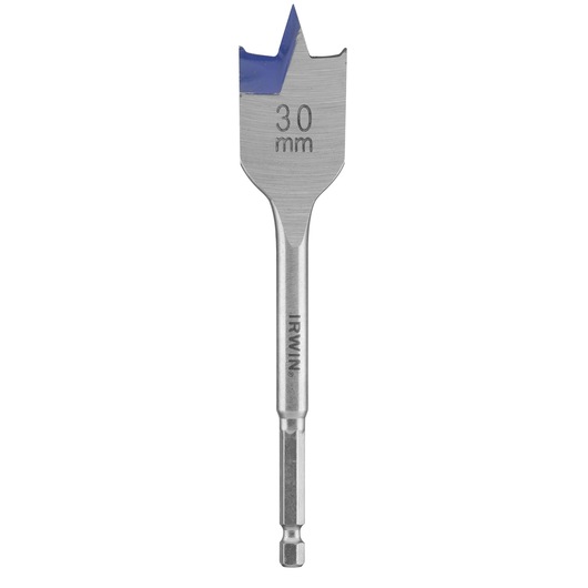 IRWIN 10502819 flat wood drill bit, 30mm size with blue coated tip, front angle on white background.