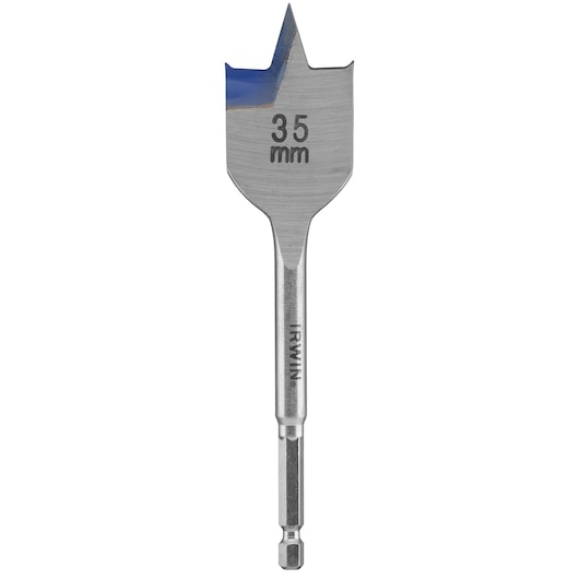 Photo of IRWIN 10502821 flat spade drill bit, 35 mm size, silver metal with hex shank, front view, white background.