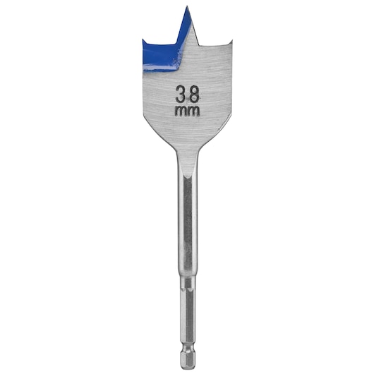 IRWIN 10502822 flat wood drill bit 38 mm with blue tip, front angle on white background.