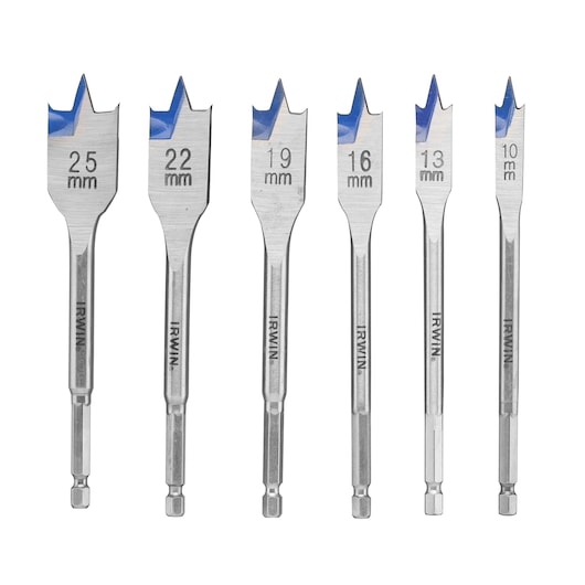 IRWIN 10502826 set of six flat wood drill bits, 10 to 25mm sizes, silver with blue tips, front view on white background.