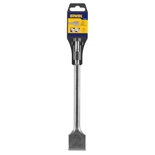 Photo of IRWIN chisel 10503643, flat steel masonry chisel with blue and yellow packaging, front angle.