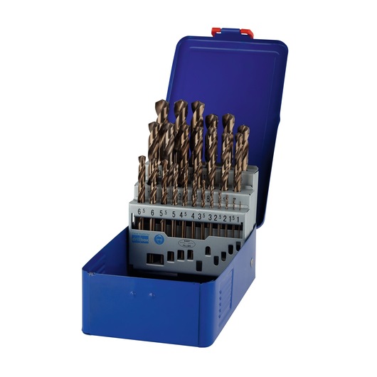 A set of metal drill bits organized in a blue storage box with the lid open. The drill bits are arranged by size and clearly labeled.