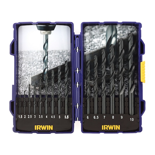 A blue IRWIN drill bit set case opened to display a range of black metal drill bits, organized by size from 1.5 mm to 10 mm. The case has clear labels for each bit size and features images of drill bits in action on the inside lid.