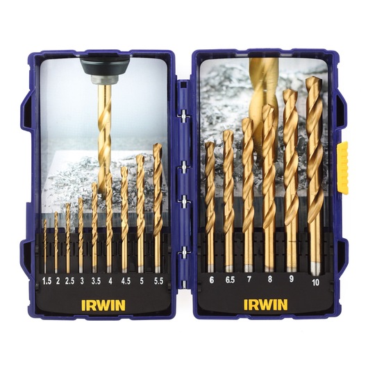 IRWIN branded set of gold-tipped drill bits in a blue plastic case, organized in slots and labeled with sizes from 1.5 to 10 millimeters.
