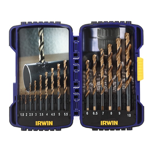 A blue IRWIN branded plastic case containing a set of metal drill bits in various sizes, ranging from 1.5 mm to 10 mm, organized in two rows. The inner cover shows images of drill bits in use.