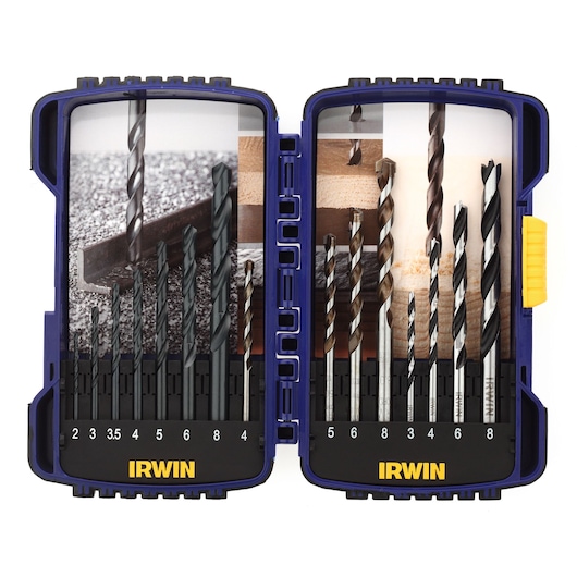 A blue plastic IRWIN branded case containing a set of drill bits arranged by size, with numbers indicating sizes from 2 to 8 printed on the bottom compartment. The case is open and shows various types of drill bits for different materials.