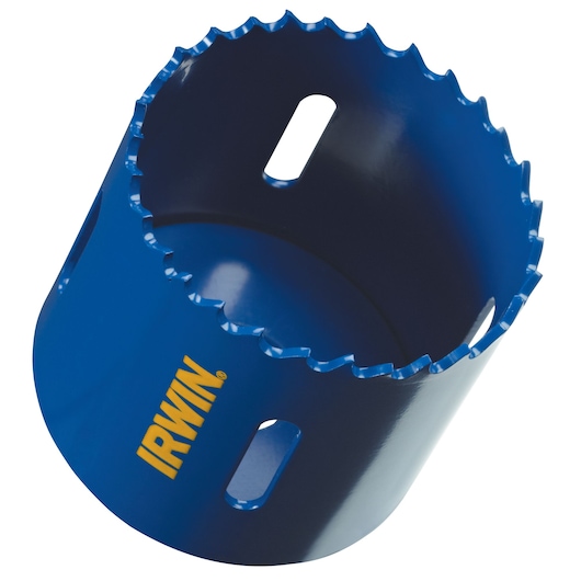 IRWIN 10504161 blue bi-metal hole saw, front angle view, jagged cutting edge visible.