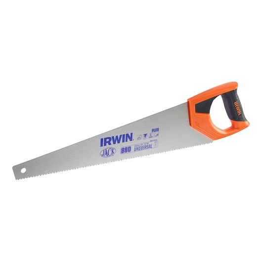 IRWIN hand saw with orange and black handle, SKU 10505212, photographed from side on white background.