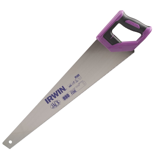 Photo of IRWIN hand saw 10505215 with purple and black handle, fine-toothed steel blade, side angle on white background.