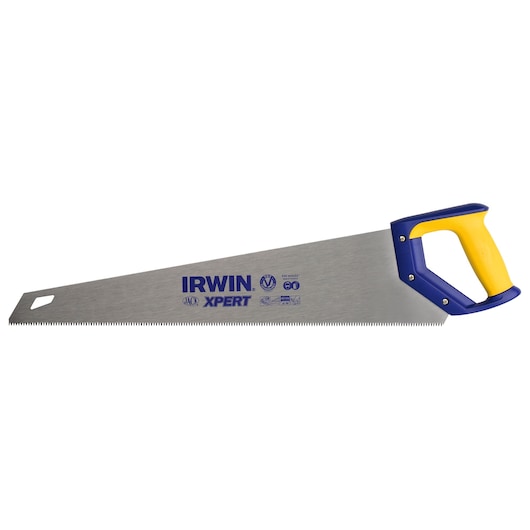 Photo of IRWIN hand saw 10505541 with blue and yellow handle and silver blade, side angle on white background.