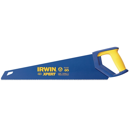 IRWIN hand saw 10505547 with blue blade, yellow branding, and ergonomic yellow and blue handle, side view on white.