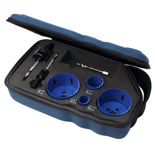 A blue zippered carrying case containing a set of hole saw drill bits in various sizes, along with two drill bit arbors and a spare drill bit, organized in a foam insert.
