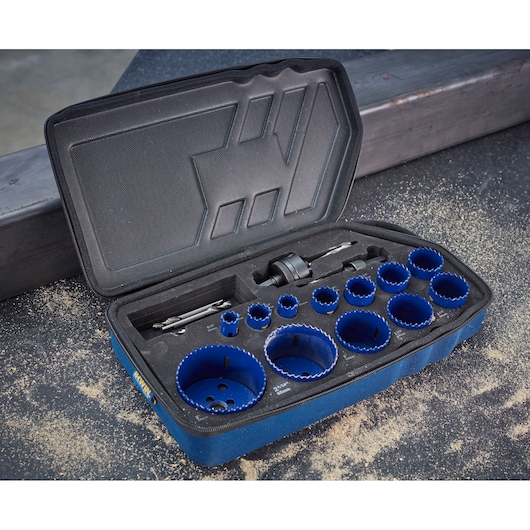 IRWIN 10506445 hole saw set with blue saw blades and accessories in a hard carrying case, photographed from above.