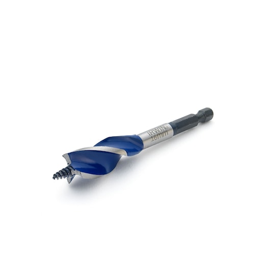 IRWIN 10506620 auger drill bit with blue and silver spiral, hex shank, front angle on white background.