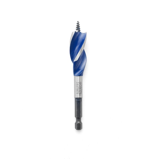 IRWIN 10506620 blue and silver wood drill bit, hex shank, front angle, white background