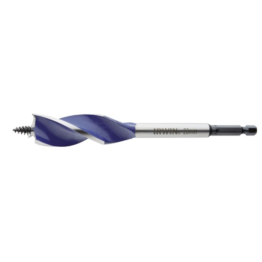 IRWIN 10506620 auger drill bit with blue spiral tip, side angle on white background.