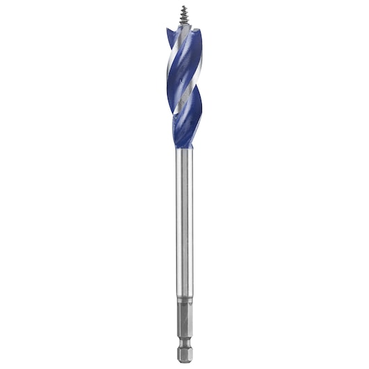 IRWIN 10506620 blue and silver wood auger drill bit, straight-on angle, white background.