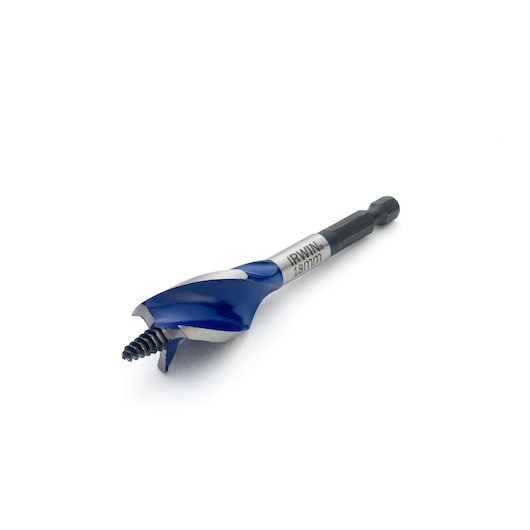IRWIN 10506621 wood drill bit with blue and silver finish, side angle, on white background.