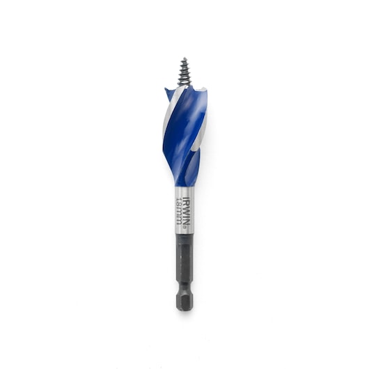 IRWIN 10506621 blue and silver wood drill bit with hex shank front angle, product photography.