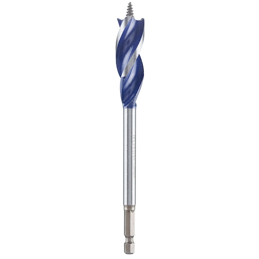 IRWIN 10506621 auger drill bit with blue spiral tip, straight angle, white background.