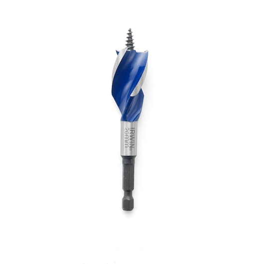 Photo of IRWIN 10506622 blue and silver wood drill bit with hex shank, product shown vertically on white background.