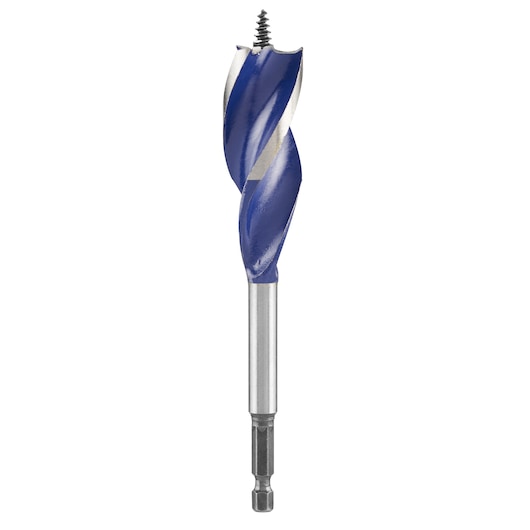 IRWIN 10506624 auger drill bit with hex shank, blue and silver, front angle on white background.