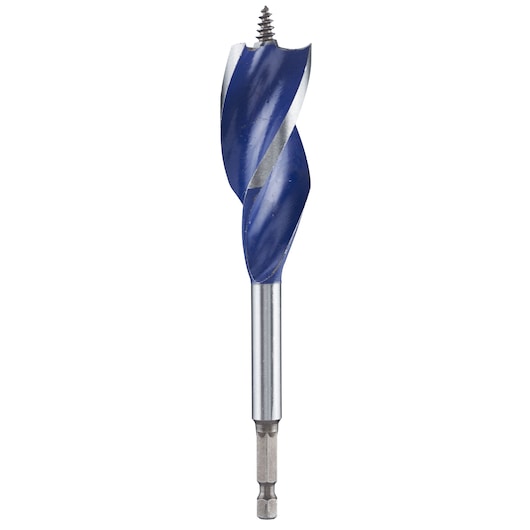 IRWIN 10506625 wood auger drill bit with blue spiral flutes, front angle, photography on white background.