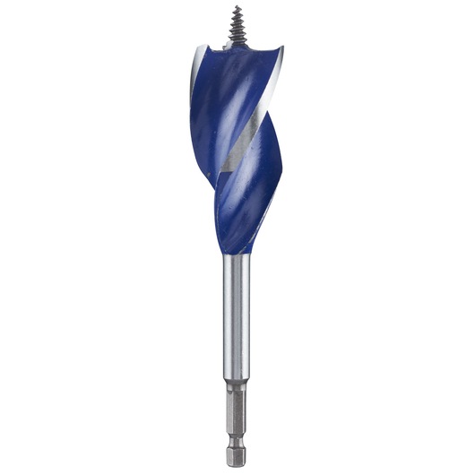 IRWIN 10506626 blue auger drill bit with hex shank, front angle, white background.