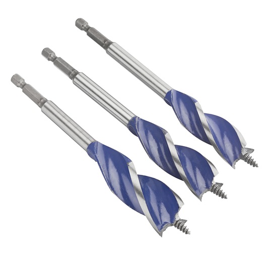IRWIN 10506627 auger drill bit set, three silver and blue bits with hex shanks, wood drill bits, angled on white background.