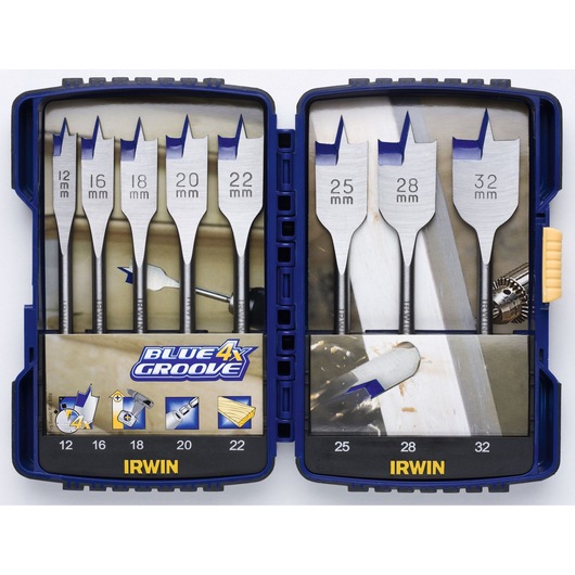 A set of IRWIN Blue Groove 4X flat wood drill bits in a blue plastic case, with eight drill bits of different sizes ranging from 12 mm to 32 mm, each labeled with its diameter. The case has compartments for each bit and features the product branding and illustrations indicating use for wood.