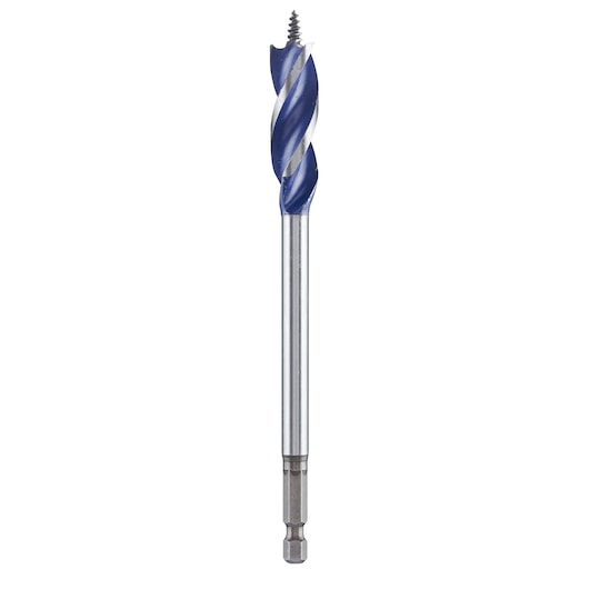 IRWIN 10507602 wood drill bit with blue spiral tip, straight shank, front view on white background.
